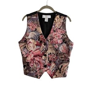 Style New York Vintage Floral Tapestry Vest Button Front Black Pink Medium